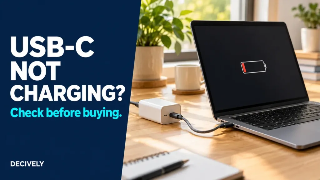 Illustration of a laptop not charging through USB-C, with a charger and cable on a desk