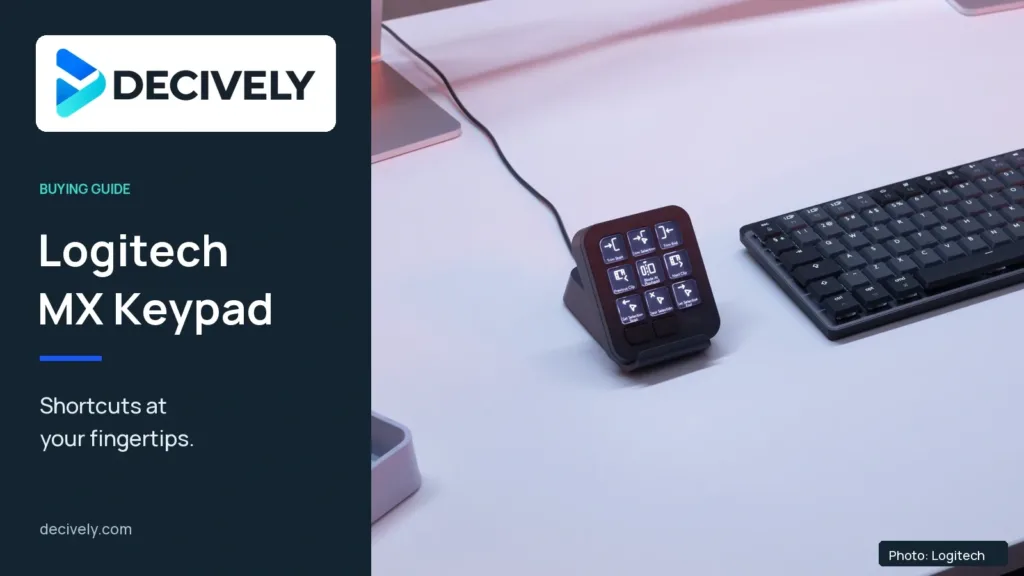 Logitech MX Keypad with nine LCD keys in an official desk photograph, alongside the Decively logo