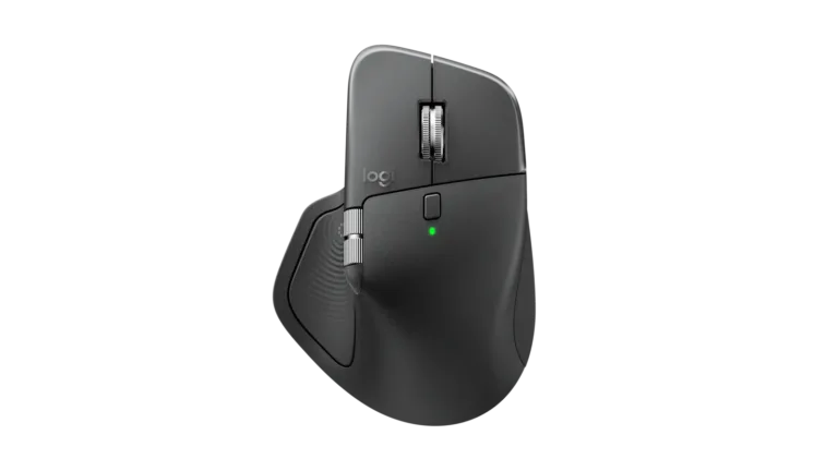 Logitech MX Master 4 in Graphite, showing its main scroll wheel, thumb wheel and side controls