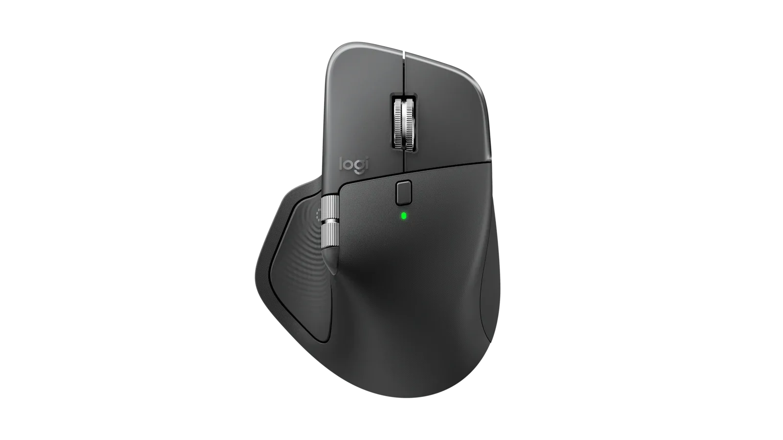 Logitech MX Master 4 in Graphite, showing its main scroll wheel, thumb wheel and side controls