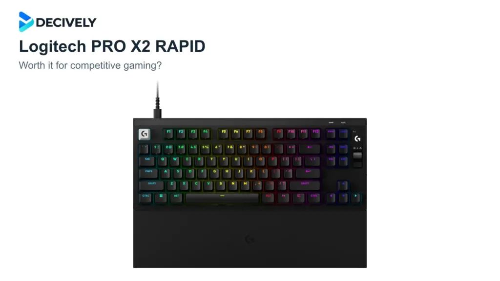 Black Logitech PRO X2 RAPID keyboard and palm rest with the official Decively logo