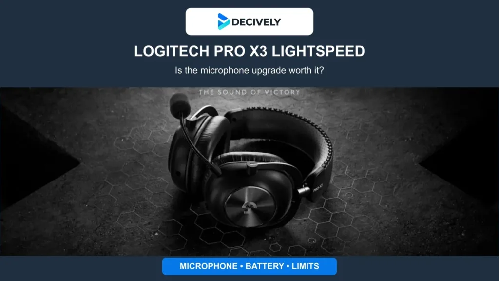 Genuine black Logitech PRO X3 LIGHTSPEED headset with its boom microphone and the official Decively logo
