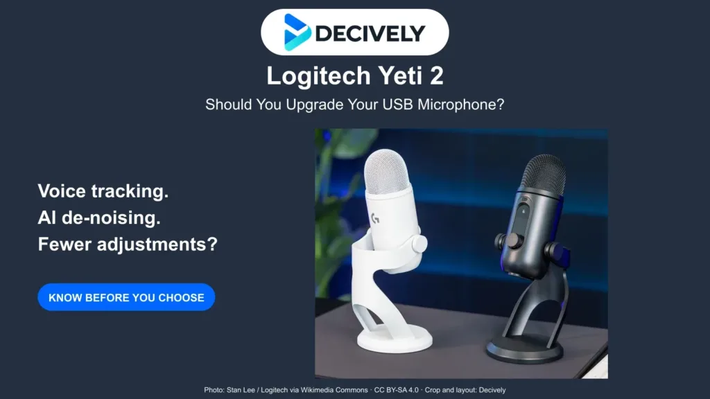 White and black Logitech Yeti 2 USB microphones with the actual Decively logo