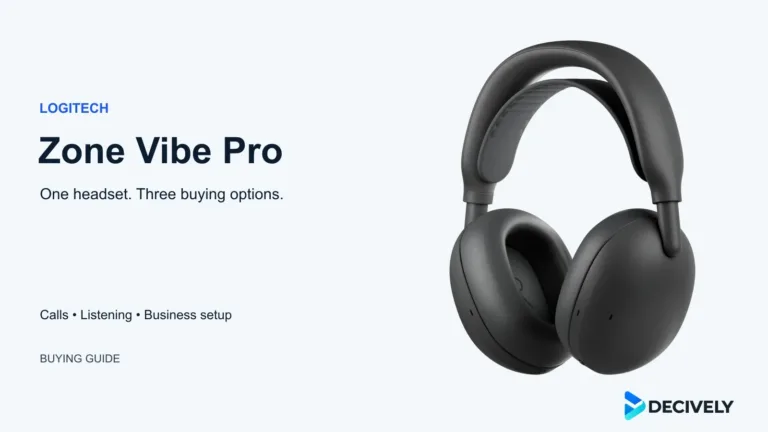 Logitech Zone Vibe Pro in graphite with its suspension headband, on a Decively buying-guide cover.