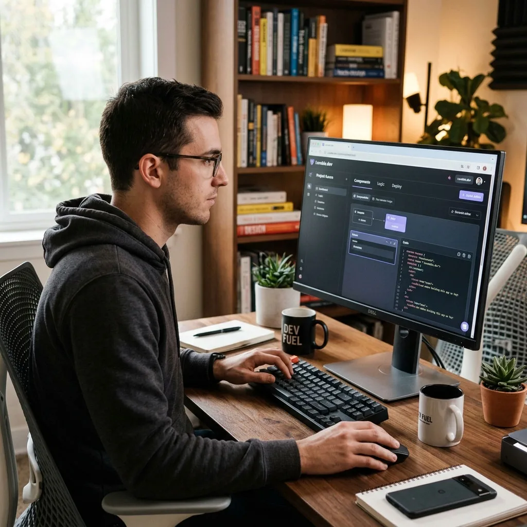 A developer at a desk using Lovable.dev on a desktop monitor