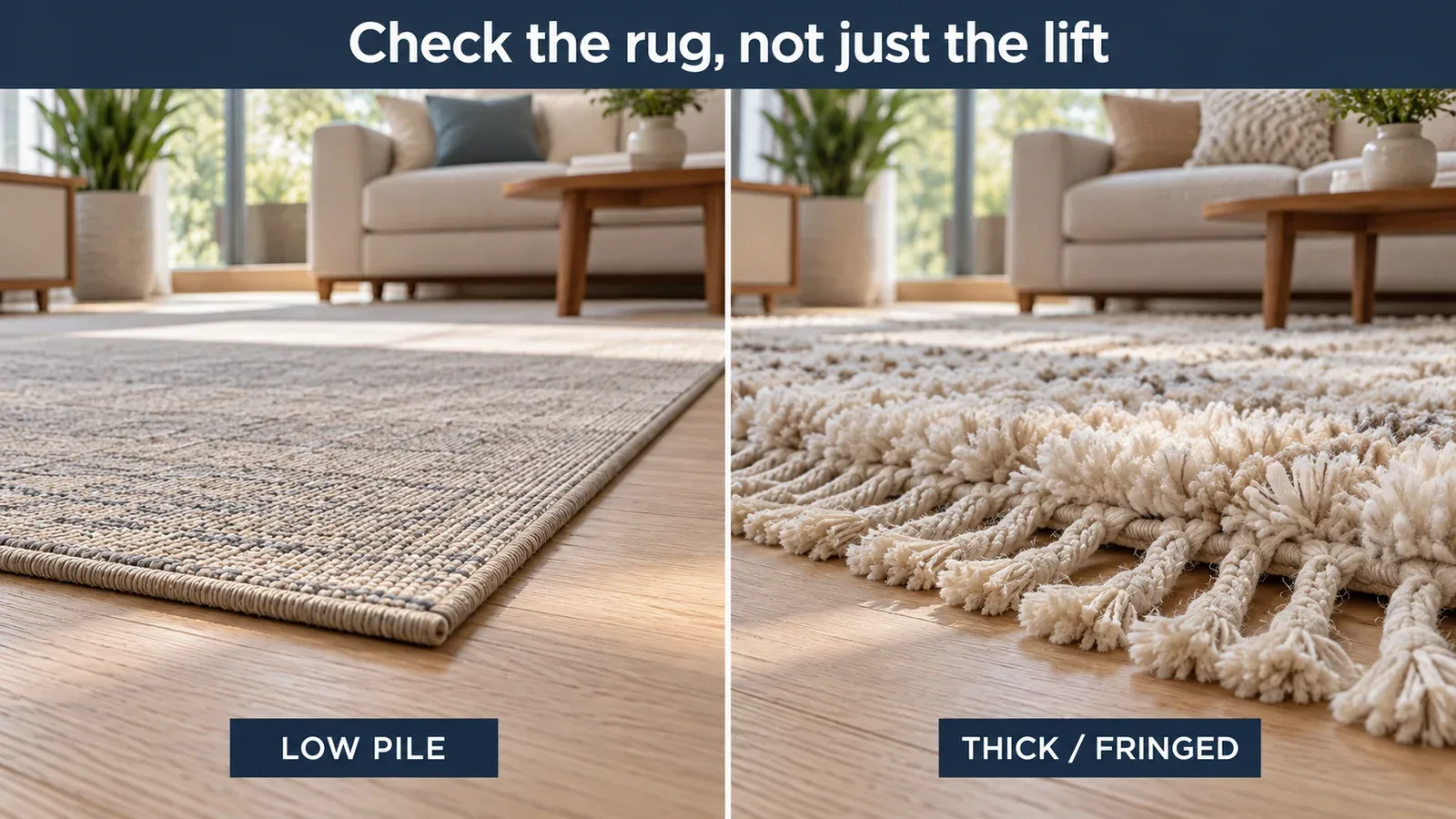 Low-pile rug beside a thick fringed rug on wood flooring, illustrating different mop-clearance needs