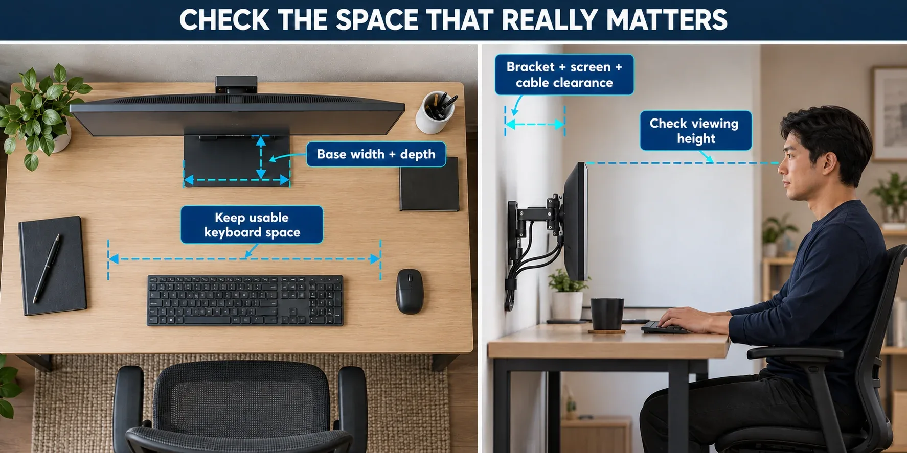 Measure monitor stand footprint, keyboard space, screen height and cable clearance