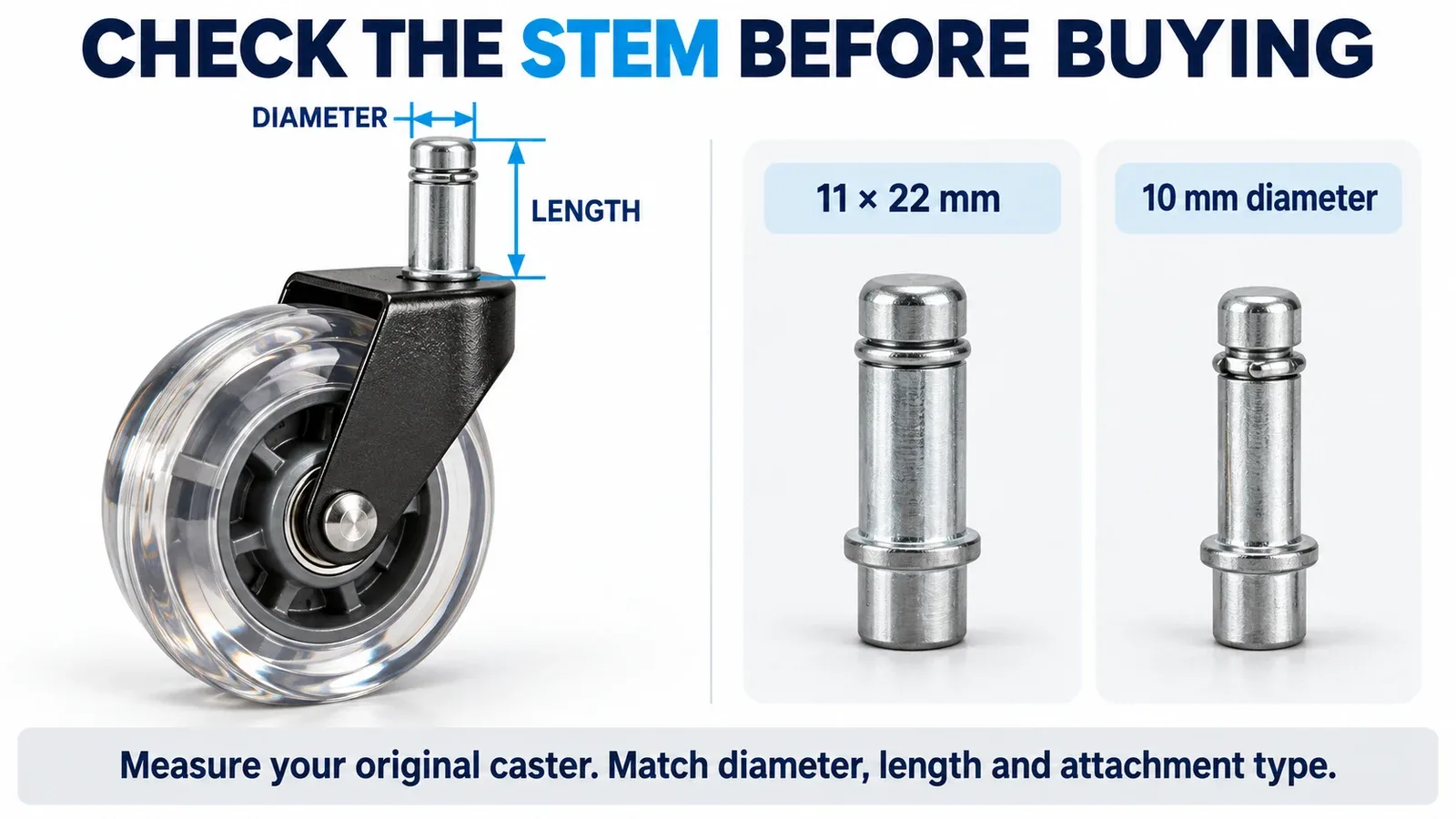 Diagram showing how to measure an office chair caster stem diameter and length before buying replacement wheels.