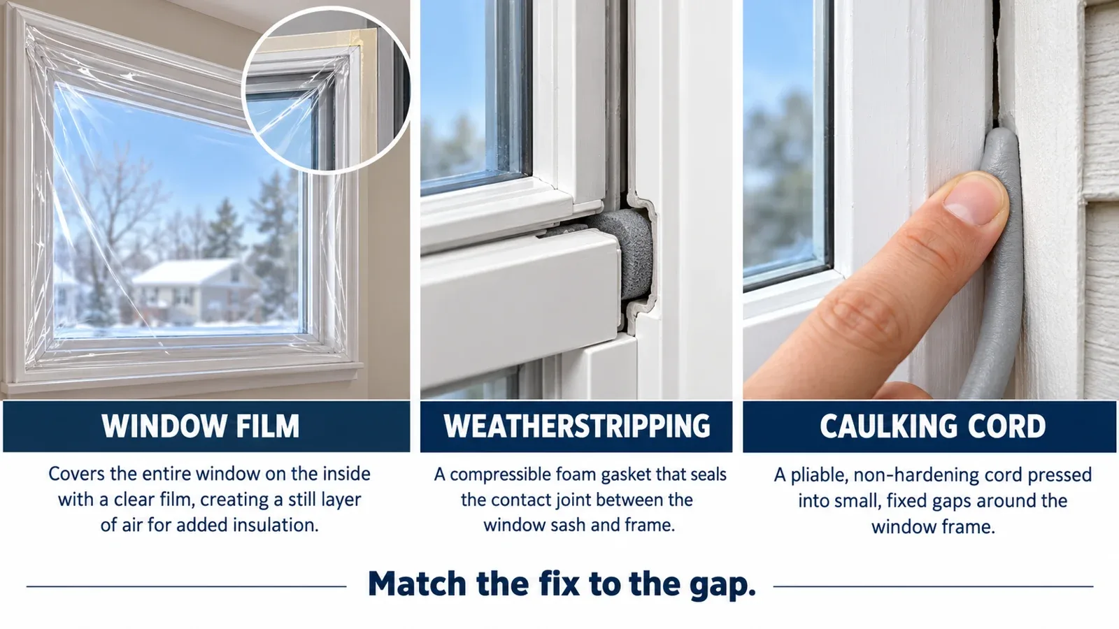 Illustration of interior window film, compressible weatherstripping and caulking cord sealing different types of gaps.
