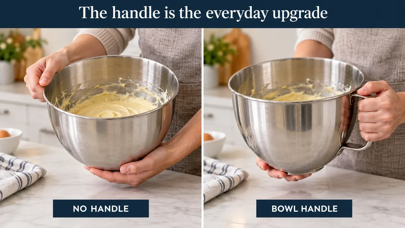 Illustration comparing hands carrying a stainless steel mixing bowl without a handle with one held by its side handle