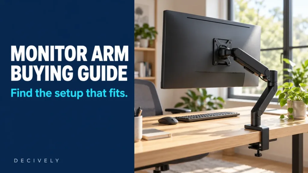 Conceptual home-office monitor arm setup for the Decively monitor arm buying guide