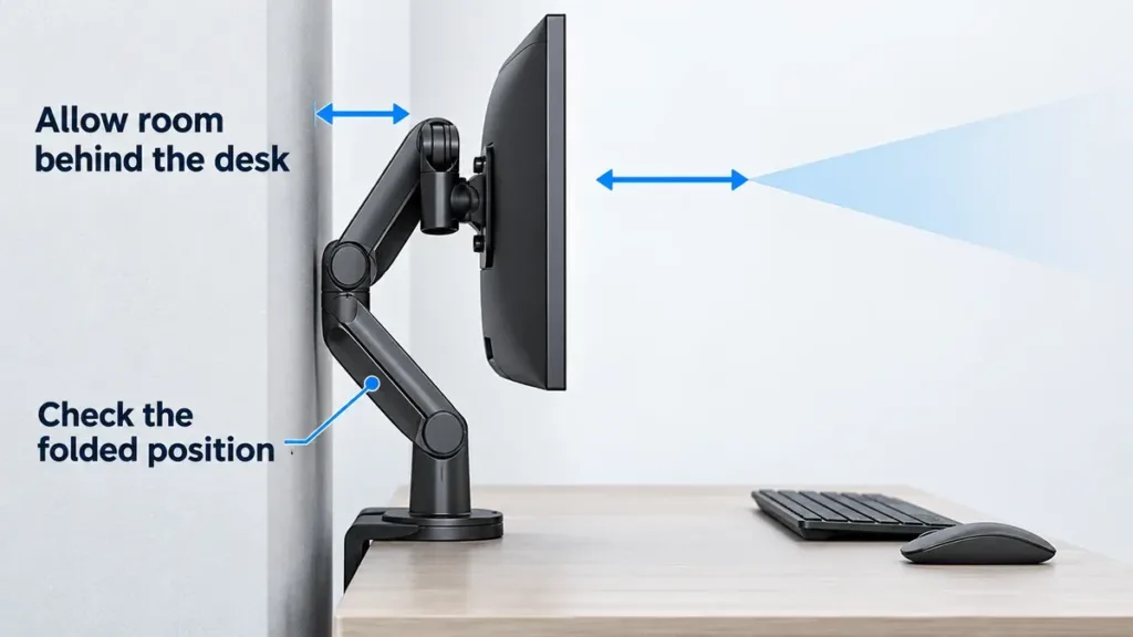 Side view of a folded monitor arm showing clearance from the wall behind a desk