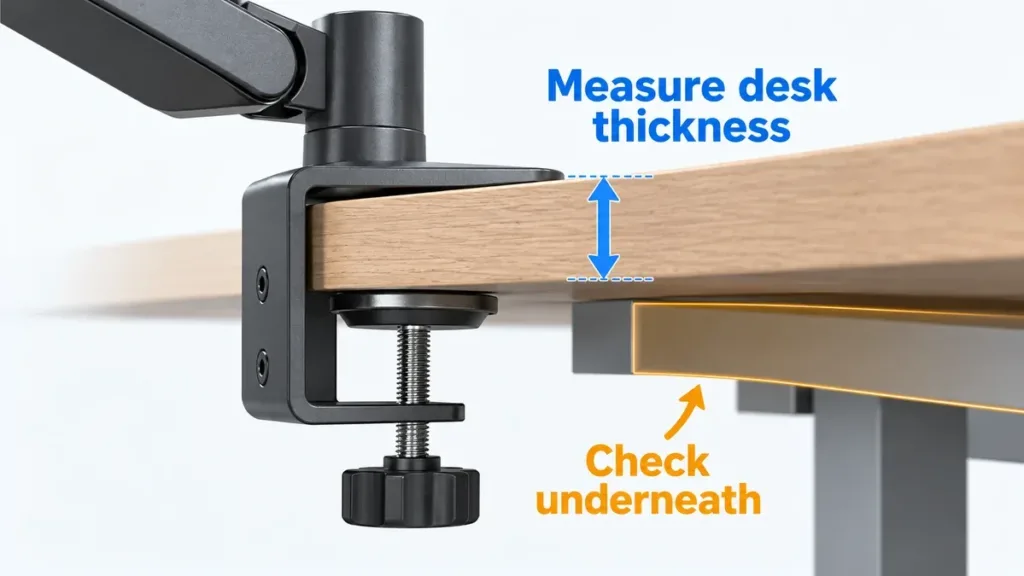 Side view of a monitor-arm clamp showing desktop thickness and clearance underneath