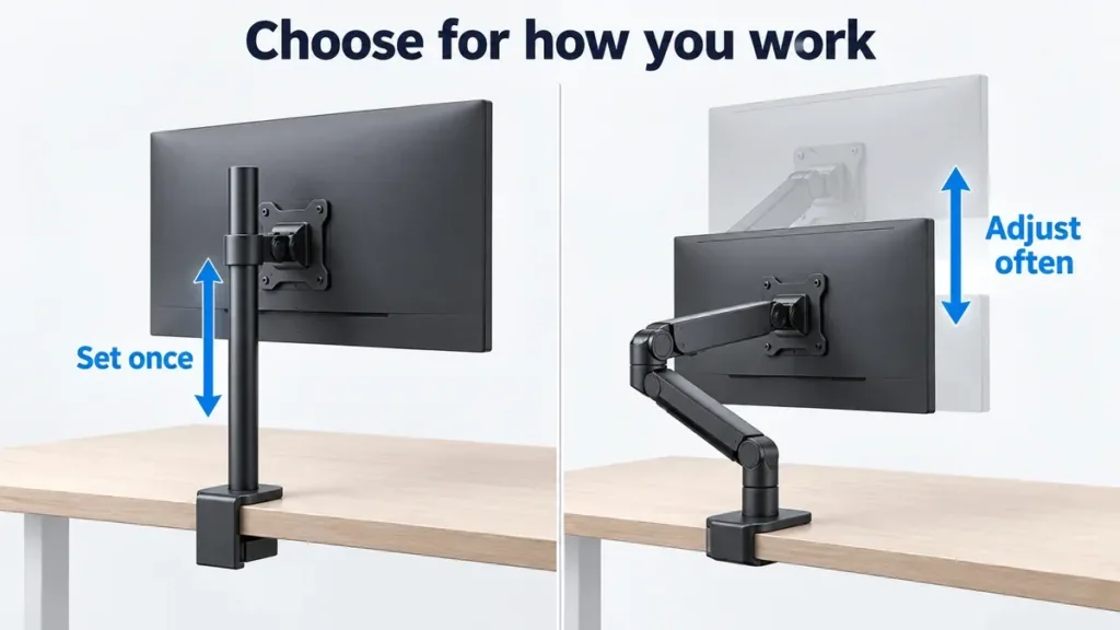 Comparison of a pole-mounted monitor set at one height and an articulated arm adjusted frequently