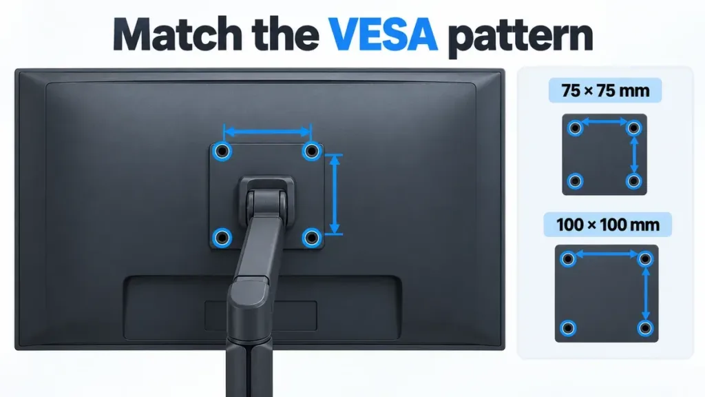 Diagram of four VESA mounting holes with 75 by 75 mm and 100 by 100 mm patterns