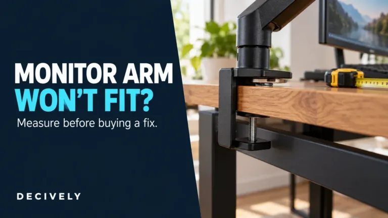 Monitor arm clamp beside an obstructing desk frame; conceptual editorial illustration