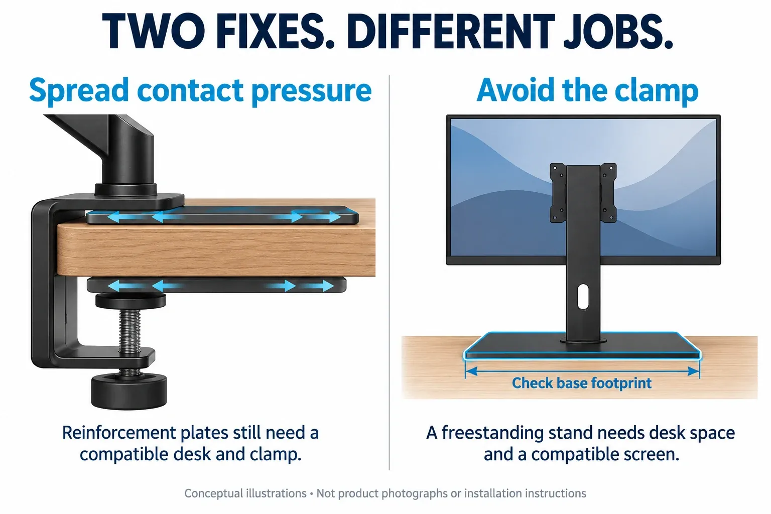 Comparison of reinforcement plates distributing clamp pressure and a freestanding monitor stand avoiding edge clamping