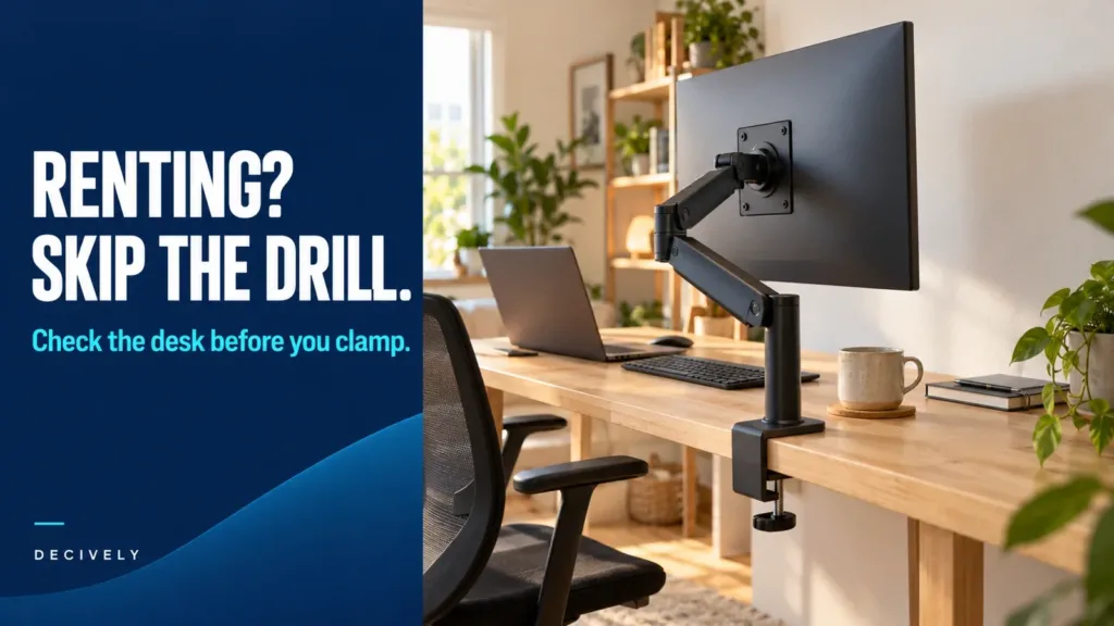 Conceptual illustration of a monitor arm clamped to a desk in a rented apartment without a wall mount