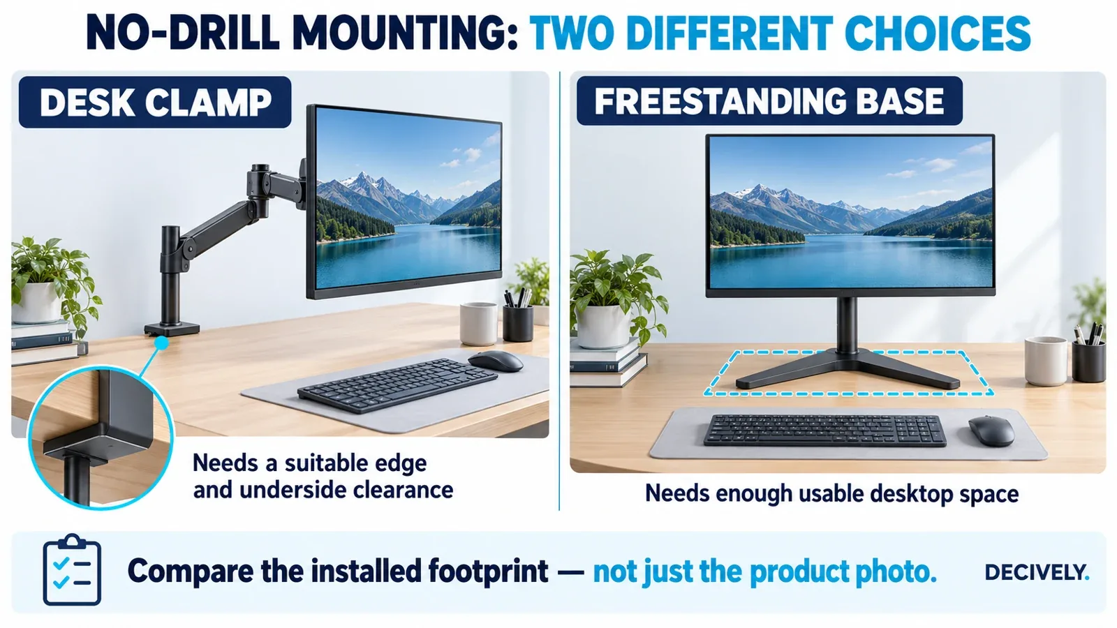 Comparison diagram of a no-drill desk clamp and a freestanding monitor base with its desktop footprint