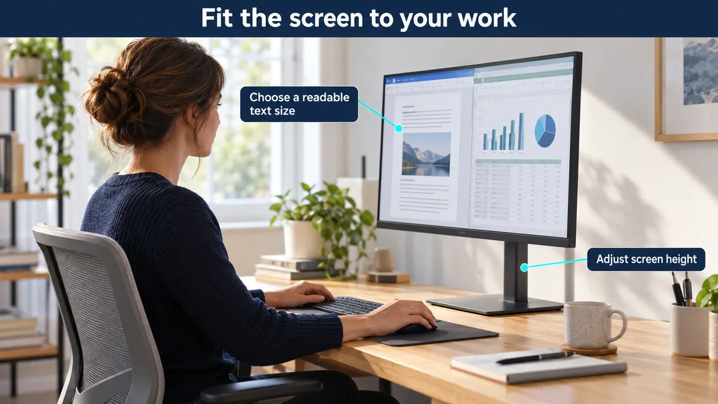 Illustration of a home office screen with callouts to adjust monitor height and choose a readable text size