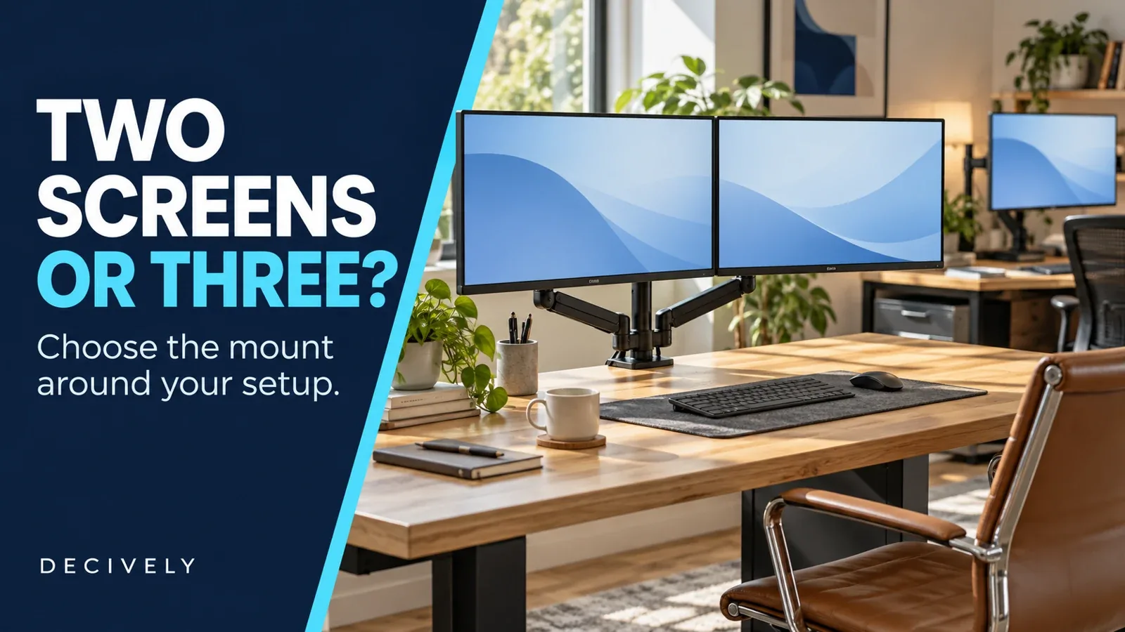 Conceptual dual monitor desk setup for the Decively multiple-monitor arm buying guide
