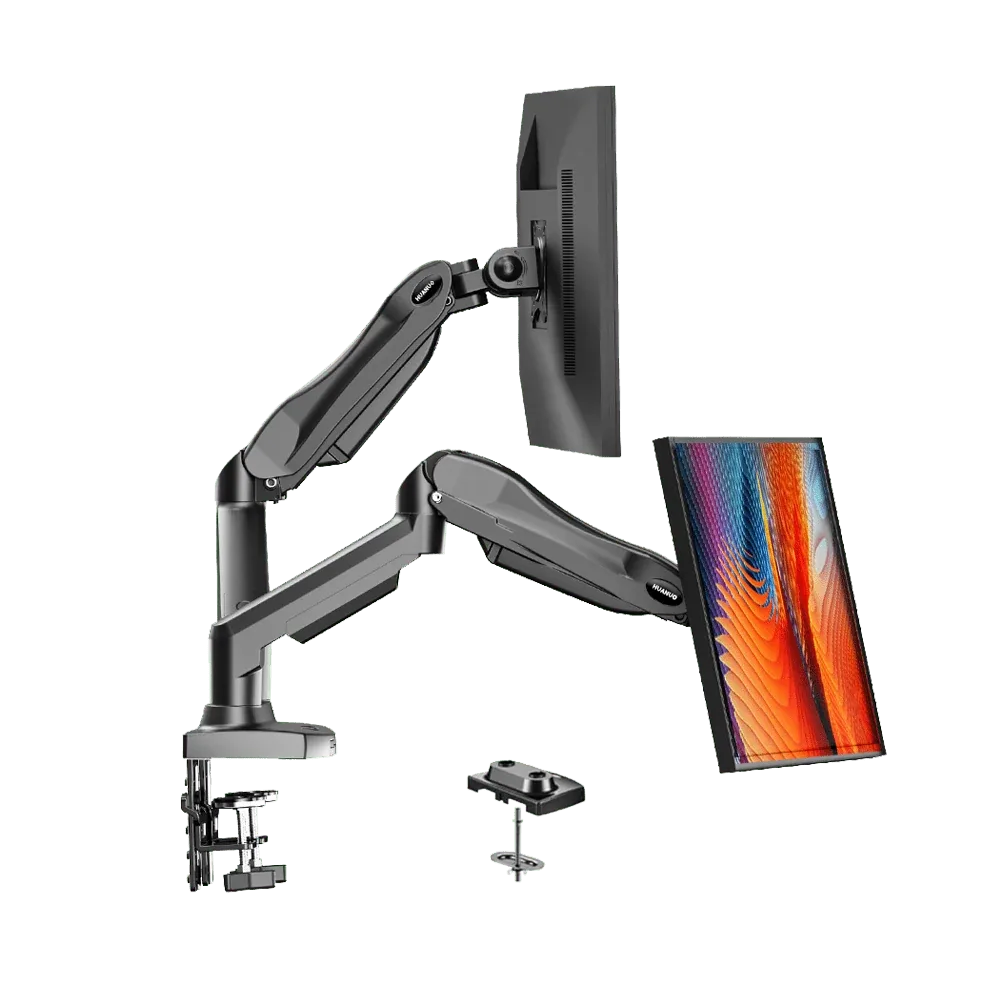 Black HUANUO HNDS6-family dual monitor mount; manufacturer image