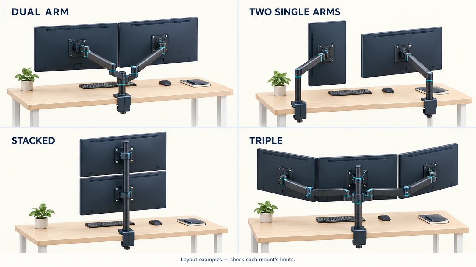 Rear-view illustration comparing a shared dual mount, two single arms, a vertical stack and a triple monitor mount