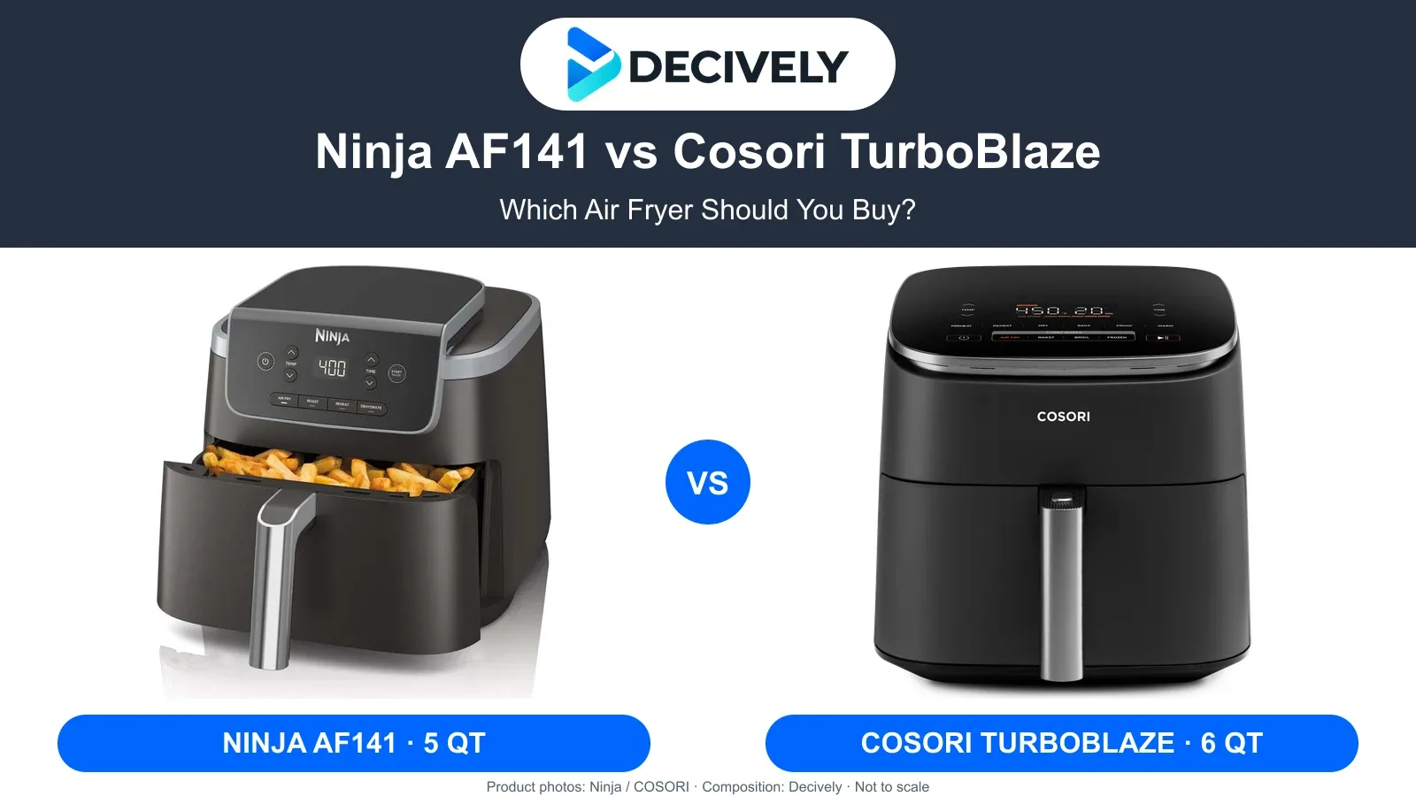Ninja AF141 5-quart air fryer beside Cosori TurboBlaze 6-quart air fryer with the Decively logo