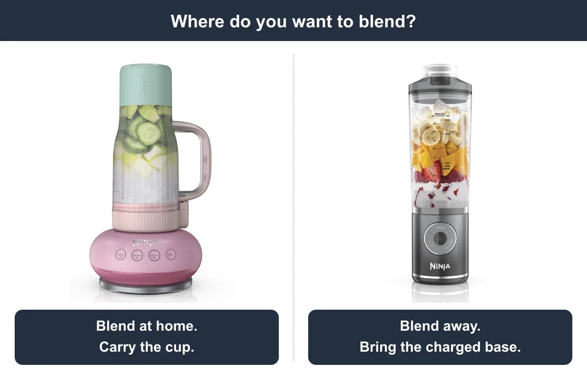 Genuine Ninja BlendBOSS and Blast Max photos comparing blending at home with carrying a charged base for cordless use