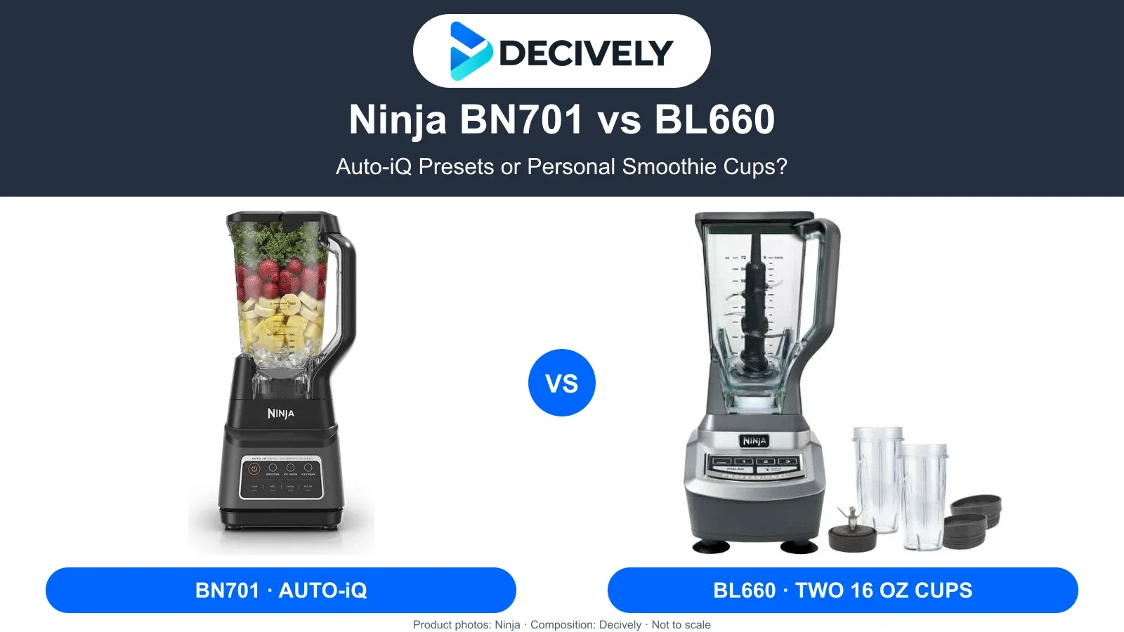 Grey Ninja BN701 Auto-iQ blender beside Ninja BL660 Grey and Silver blender with two personal cups and the Decively logo