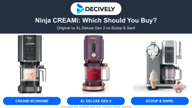 Black Ninja CREAMi NC299AMZ, Plum XL Deluxe Gen 2 NC601PU and silver Scoop and Swirl NC701 with the Decively logo