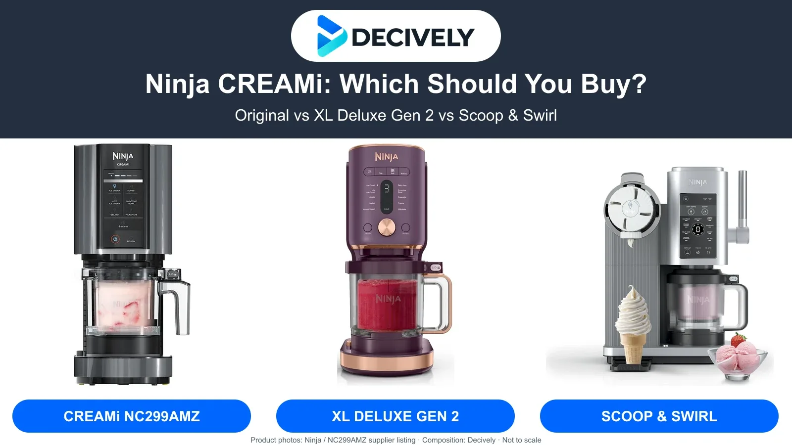 Black Ninja CREAMi NC299AMZ, Plum XL Deluxe Gen 2 NC601PU and silver Scoop and Swirl NC701 with the Decively logo