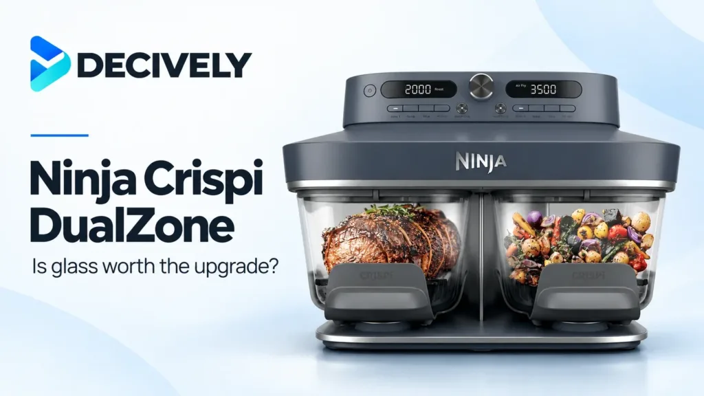 Ninja Crispi DualZone DD101BL1 in Cyberspace with two glass cooking containers and the Decively logo