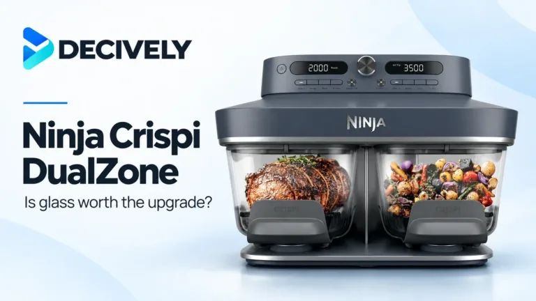 Ninja Crispi DualZone DD101BL1 in Cyberspace with two glass cooking containers and the Decively logo