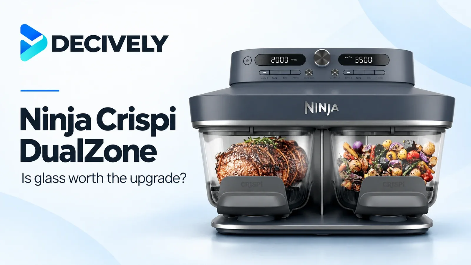 Ninja Crispi DualZone DD101BL1 in Cyberspace with two glass cooking containers and the Decively logo