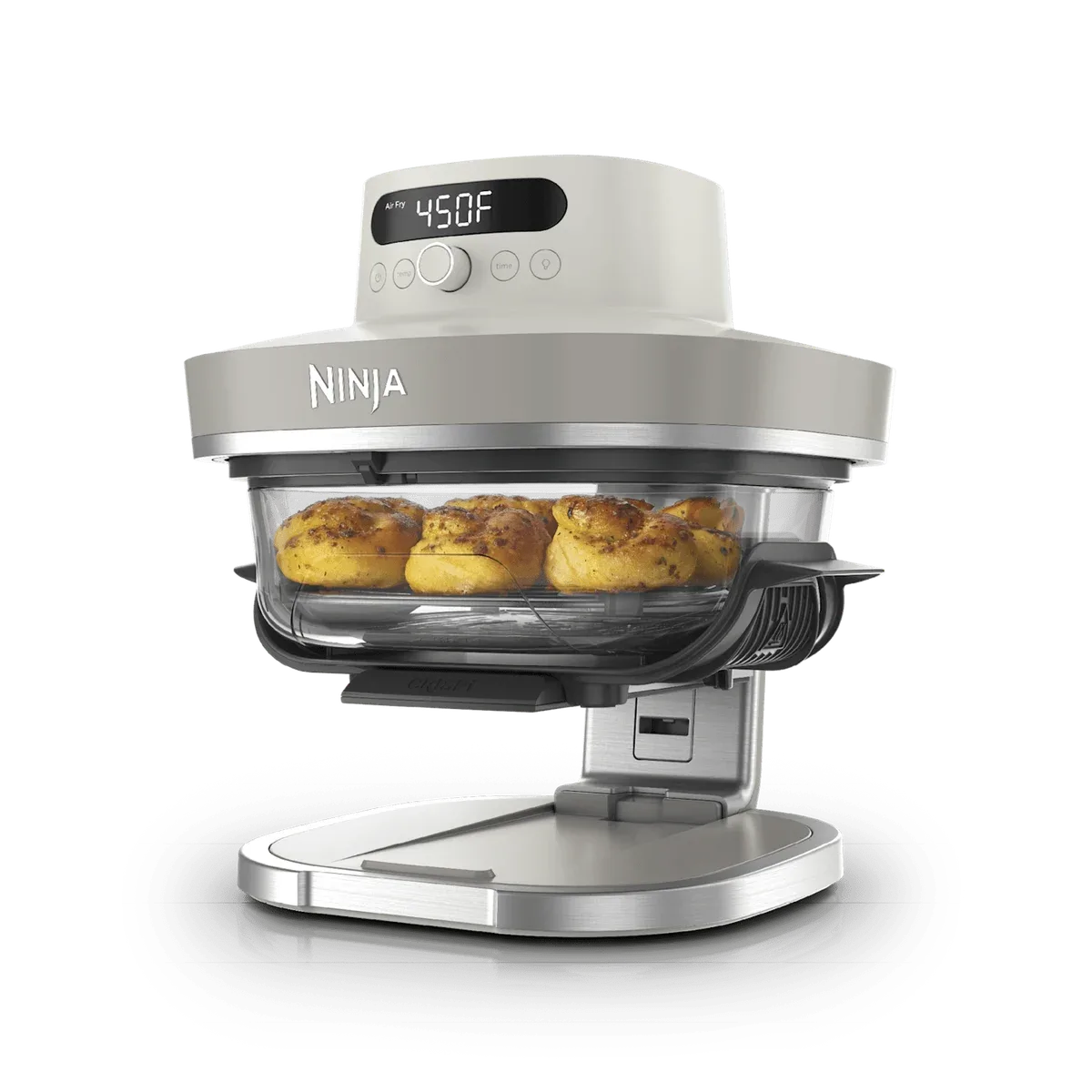 Official Ninja Crispi Pro AS101LG Bone product photograph with the shallow glass container on its adjustable base