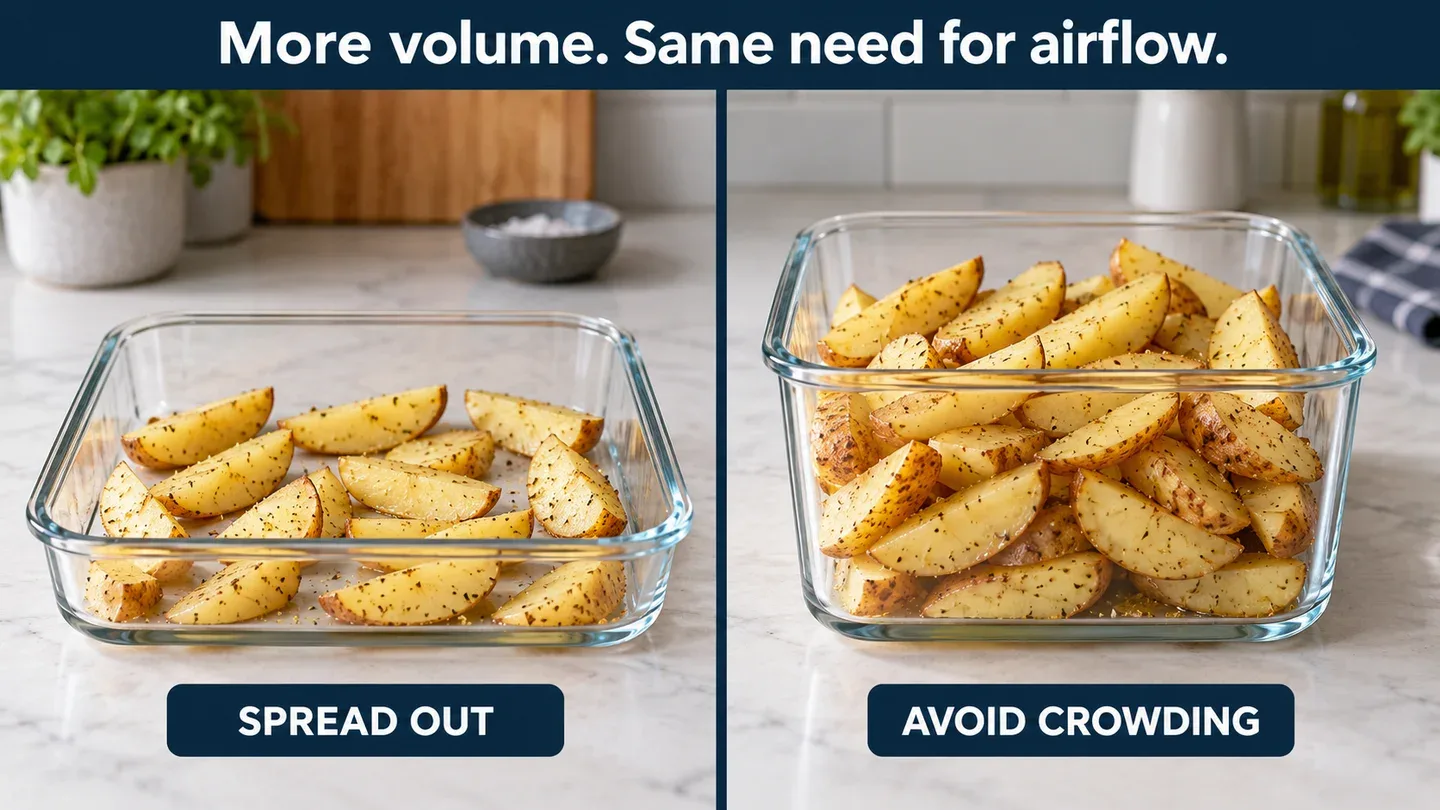 Generic glass containers illustrate why a single layer of potato wedges needs more floor area than a crowded heap