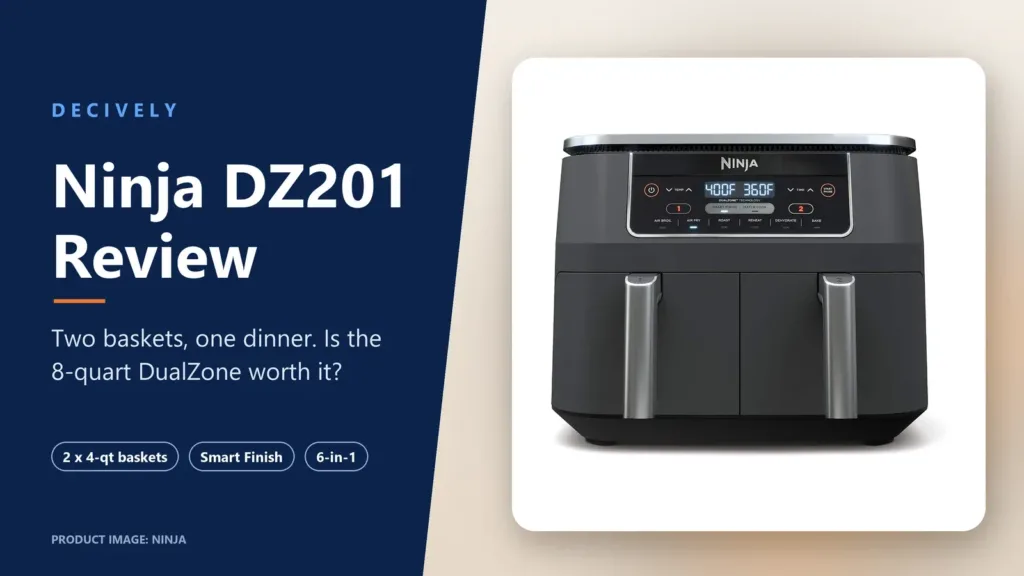 Ninja DZ201 review cover: grey Ninja Foodi DZ201 two-basket air fryer