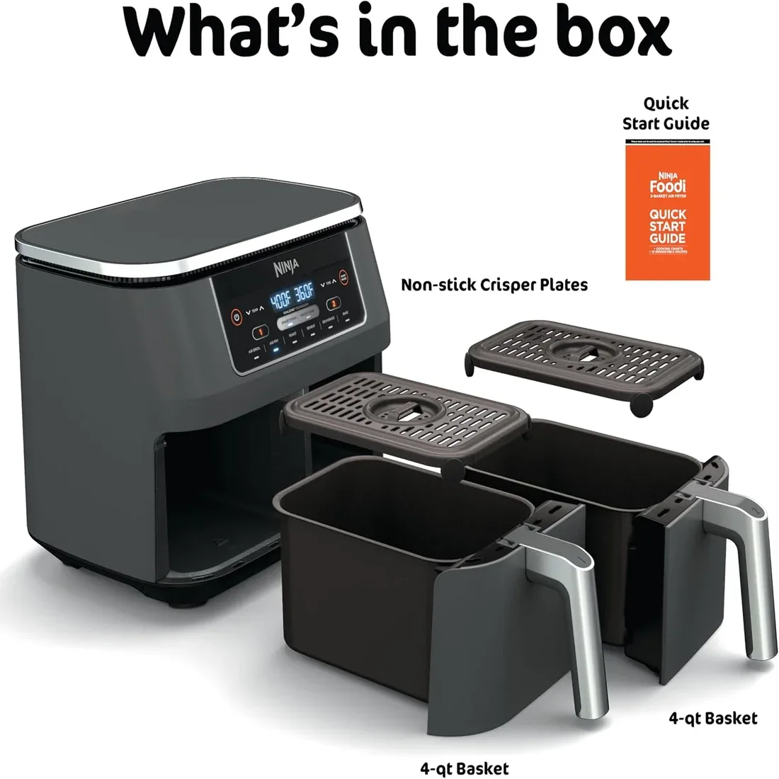 Ninja DZ201 what's in the box: air fryer, two 4-quart baskets and two crisper plates