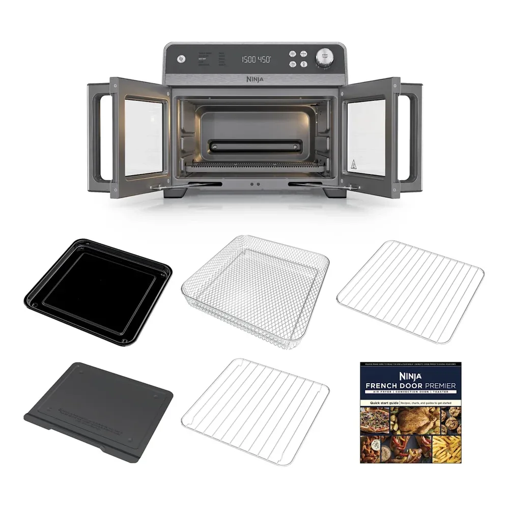 Ninja French Door Premier FO101 with open doors and its removable basket, pans, wire racks and crumb tray