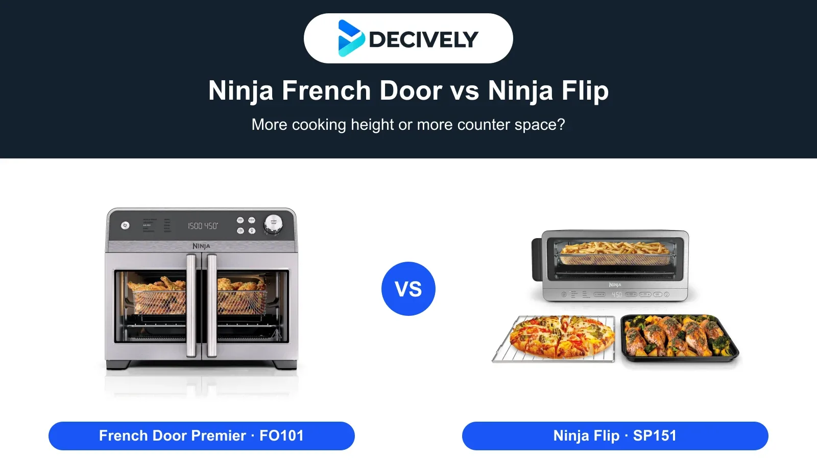 Ninja French Door Premier FO101 and Ninja Flip SP151 stainless steel ovens side by side with the official Decively logo