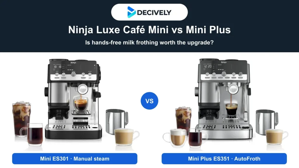 Ninja Luxe Cafe Mini ES301 and Mini Plus ES351 with the official Decively logo