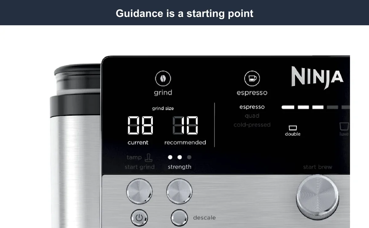 Close view of Ninja Luxe Café Premier ES601 current and recommended grind settings on the control panel