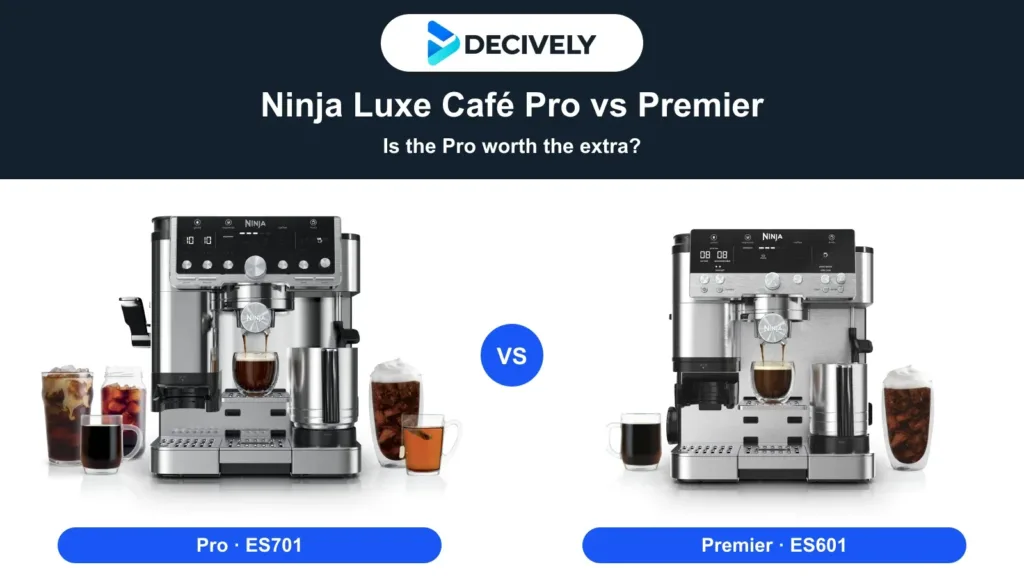 Ninja Luxe Café Pro ES701 and Premier ES601 stainless steel coffee machines with the official Decively logo