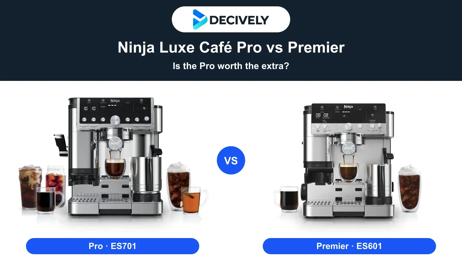 Ninja Luxe Café Pro ES701 and Premier ES601 stainless steel coffee machines with the official Decively logo