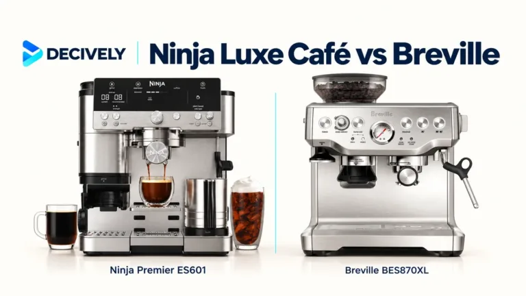 Ninja Luxe Cafe Premier ES601 and Breville Barista Express BES870XL espresso machines with Decively branding.