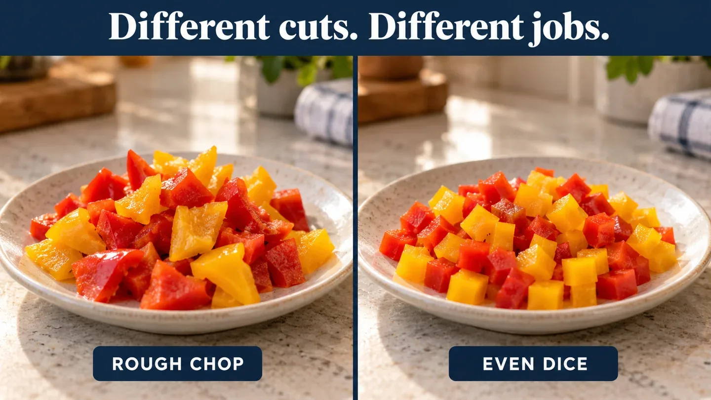 Roughly chopped bell pepper beside more evenly diced cubes, illustrating the cutting choice in the Ninja PREPi review.