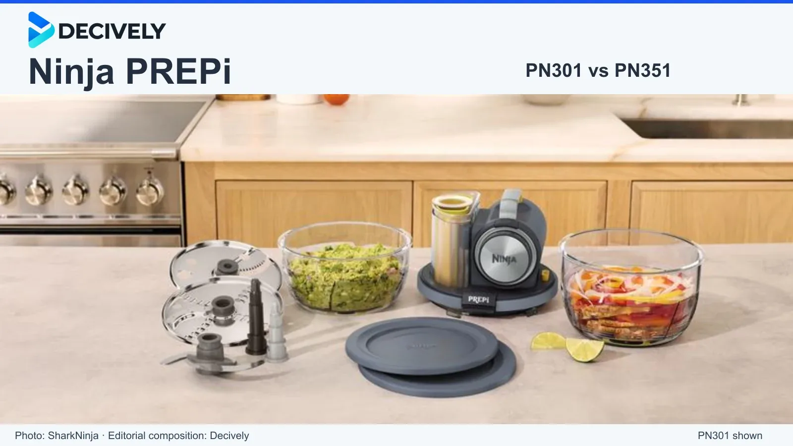 Official photograph of the Ninja PREPi PN301 with two bowls and cutting attachments, with the Decively logo for a PN301 versus PN351 review.