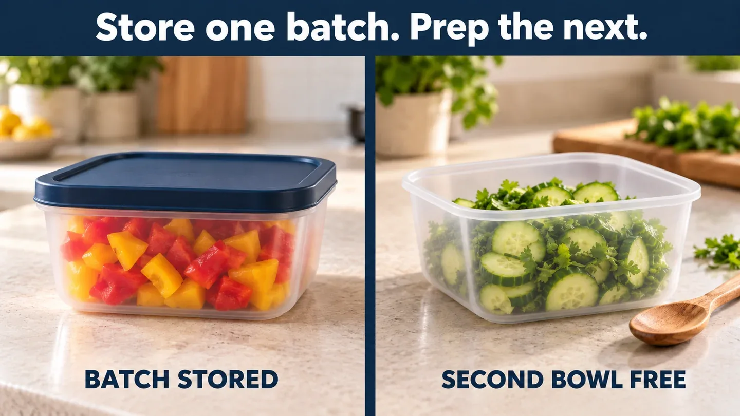 One plastic bowl storing diced peppers with its lid fitted beside a second bowl for a separate ingredient batch.