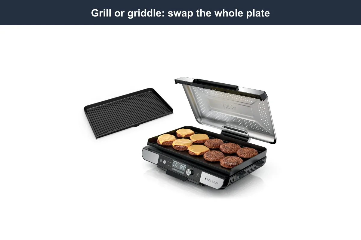 Ninja GX101 with its flat griddle plate fitted and the separate ridged grill plate displayed alongside